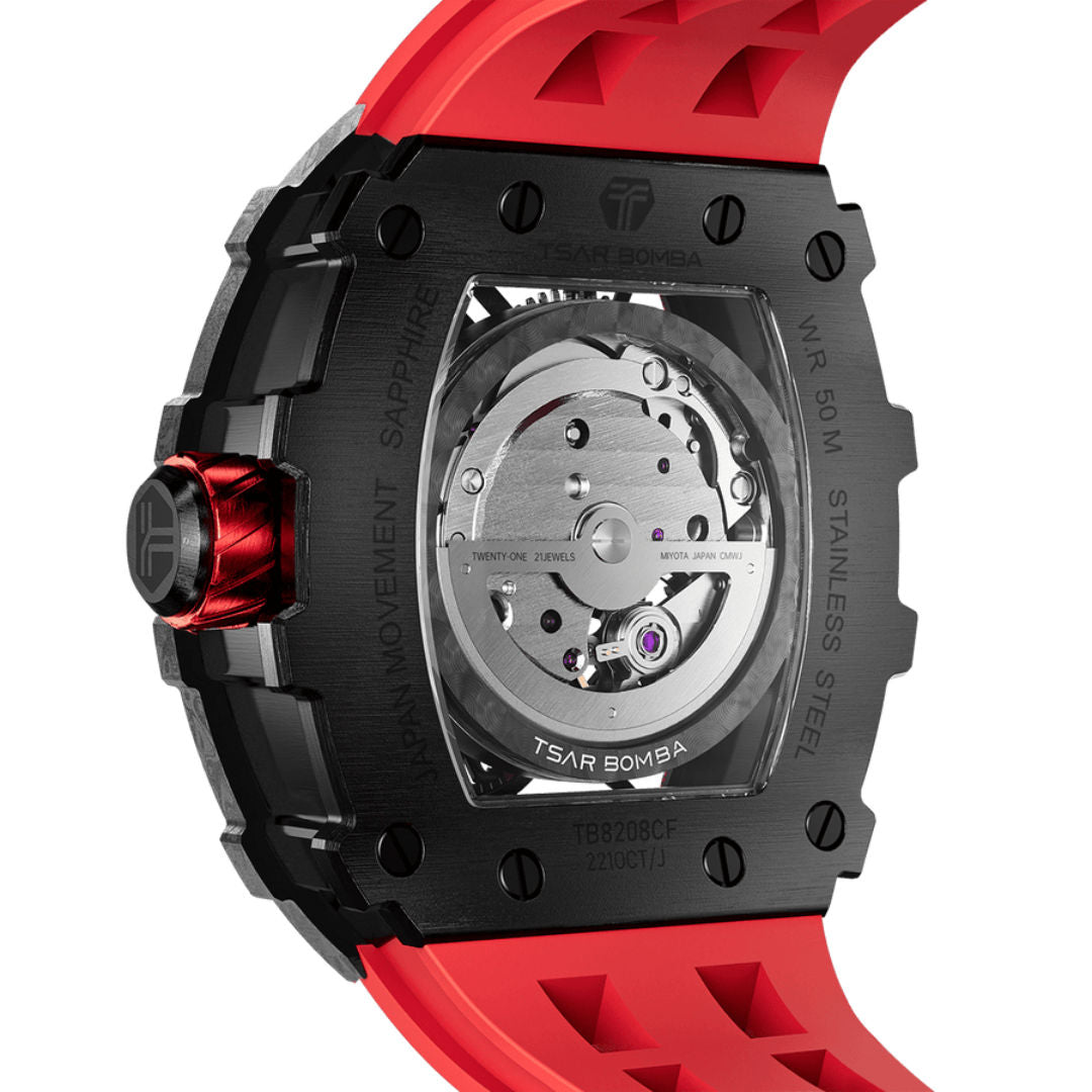 TSAR Bomba Men's Elemental Carbon Fiber Automatic Black Case Red Silicon Watch