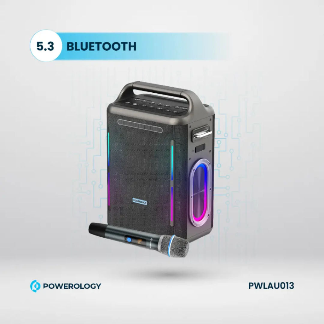 Powerology Karaoke Party Speaker, 300W Max Output, Bluetooth V5.3, 30000mAh Battery, Silver