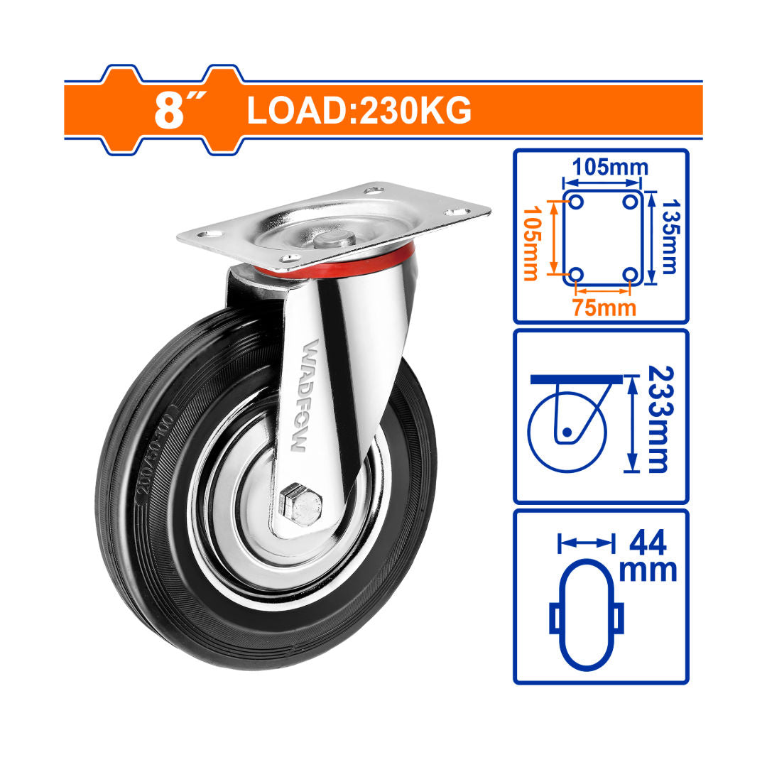 WADFOW 8" Swivel Caster Wheel, Steel + Rubber, 230kg Load, Roller Bearing