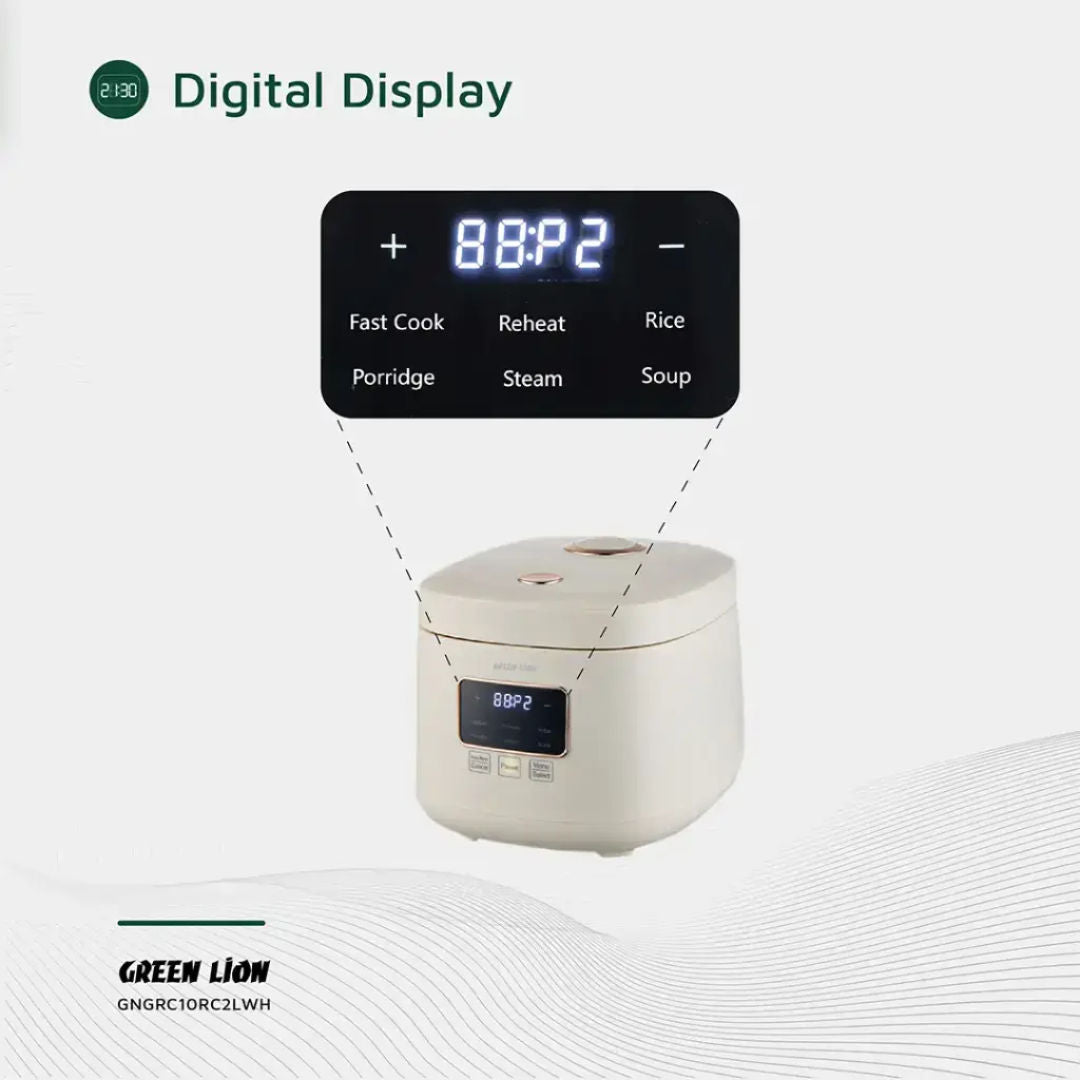 Green Lion GRC 10 Digital Rice Cooker 2L, Multi-Function Smart Cooker, White