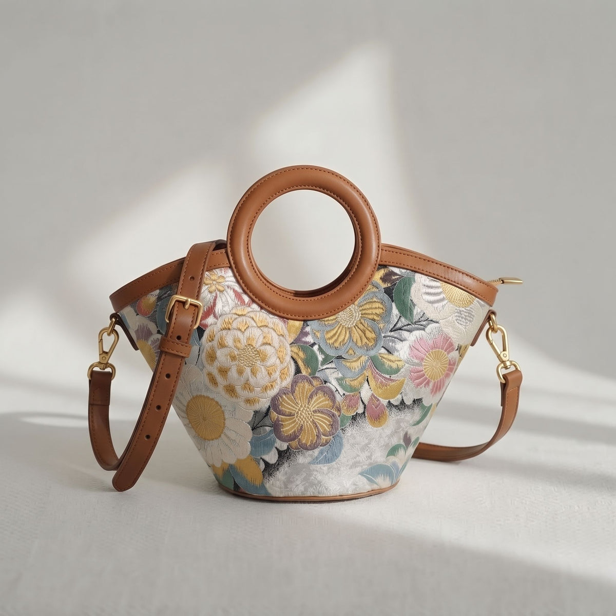 Jamila Designer Mulberry Silk Dark Grey Tote Bag, Floral Pattern with Round Handles