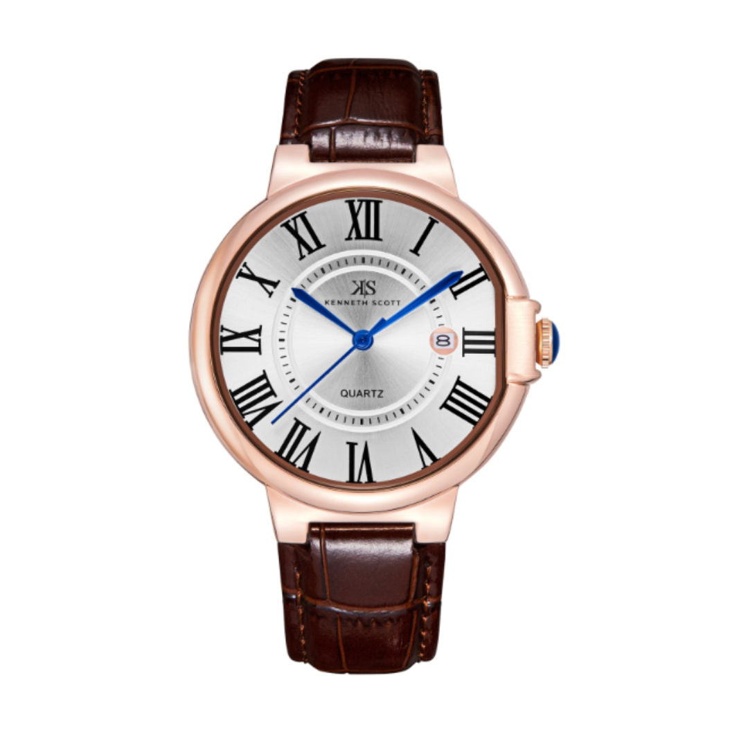 Kenneth Scott Men’s Quartz Analog Watch with Genuine Leather Strap, K23053 Series