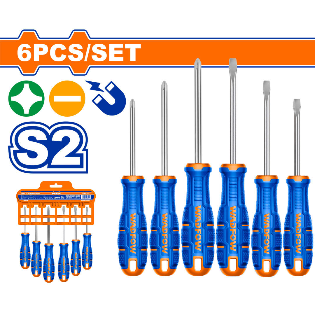 WADFOW 6 Piece Magnetic Screwdriver Set, S2 Steel, SL & PH Tips, Ergonomic Handle, Plastic Hanger