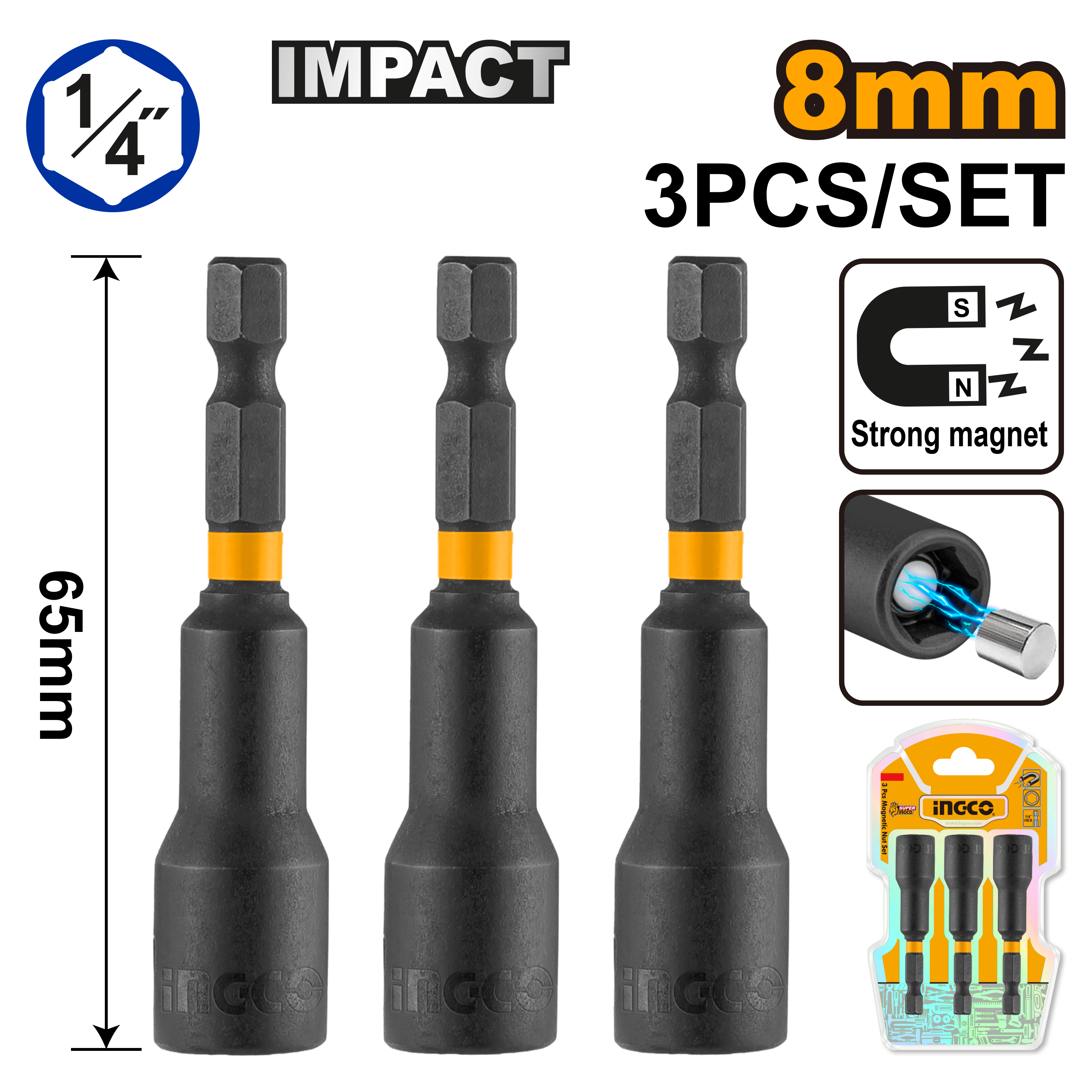 INGCO Impact Magnetic Nut Set 3 Pieces