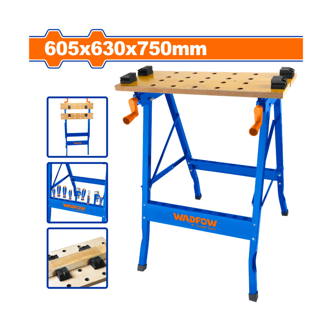طاولة عمل قابلة للطي من WADFOW، حمولة 100 كجم، 605 × 630 × 750 مم، سطح من MDF مع مسطرة/منقلة و 4 مشابك