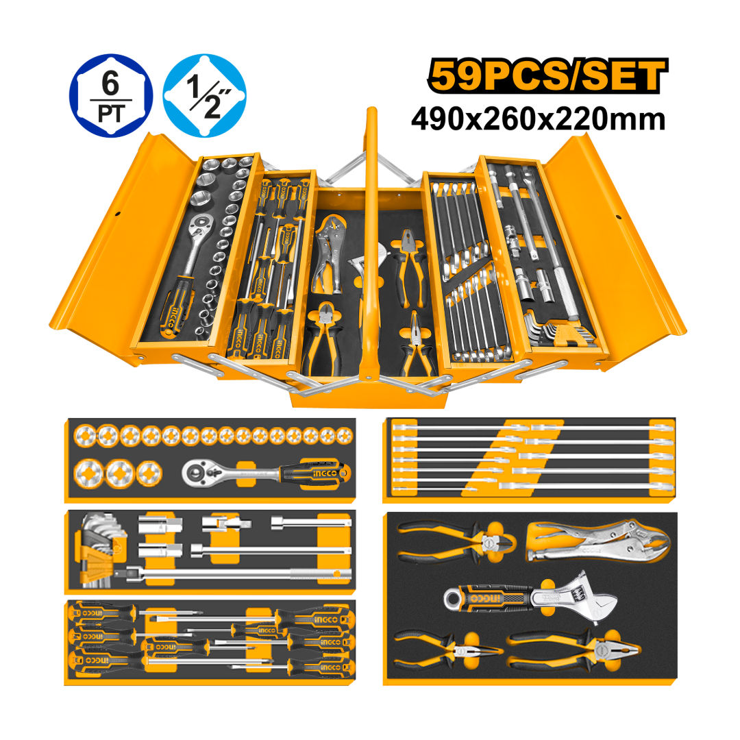 INGCO 59-Piece Metal Tool Chest Set, Spanners, 1/2″ Socket Kit, Pliers & Hex Keys