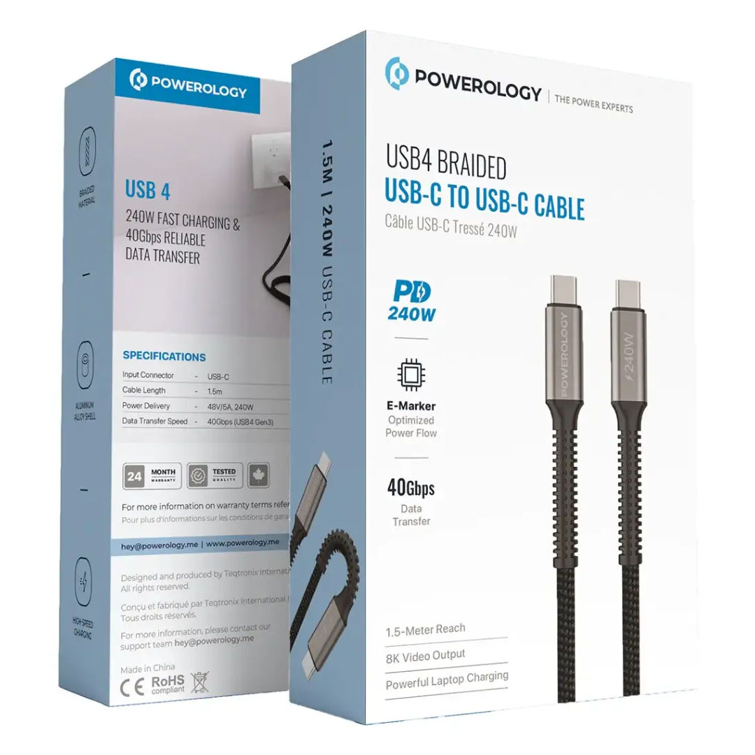 Powerology USB4 Braided USB-C to USB-C  Charging Cable, Black
