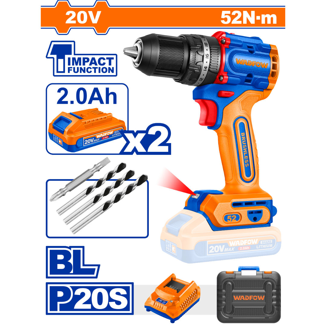 مثقاب صدمي لاسلكي بدون فرش من WADFOW، 20 فولت