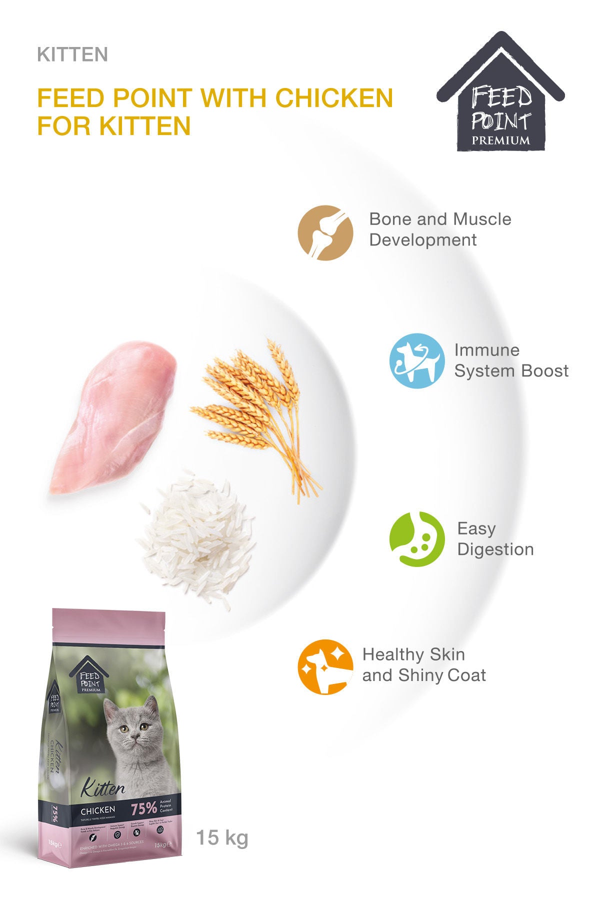 Feed Point Kitten Food with Chicken & Rice, High Protein, Healthy Growth, Shiny Coat & Strong Immunity, Complete Balanced Nutrition, 15kg