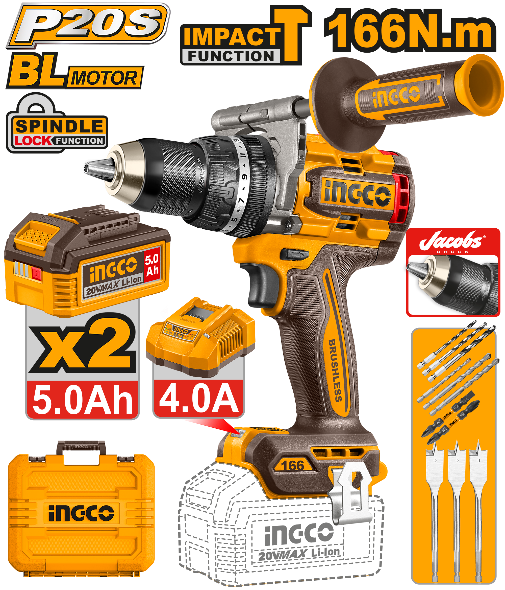 INGCO Cordless Impact Drill 20V 166Nm Brushless Professional Drill Kit
