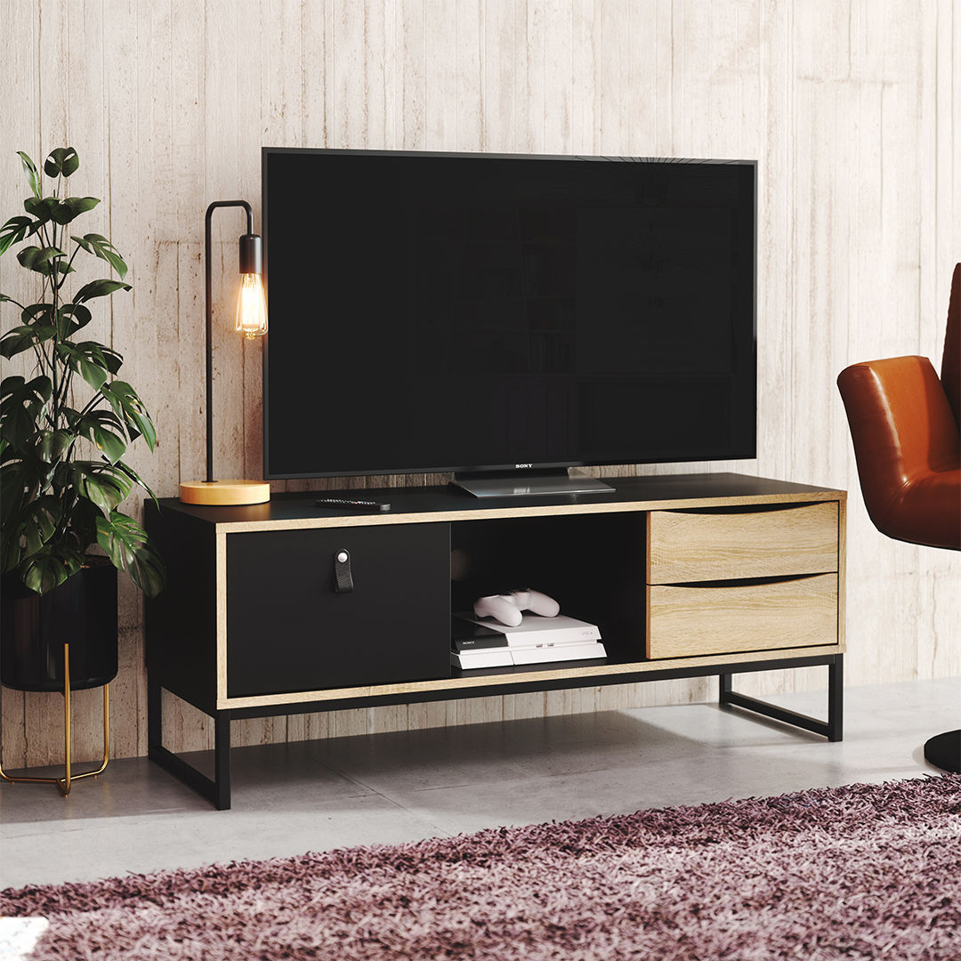 Stubbe TV Unit, 3 Drawers, Matt Black With Oak Structure