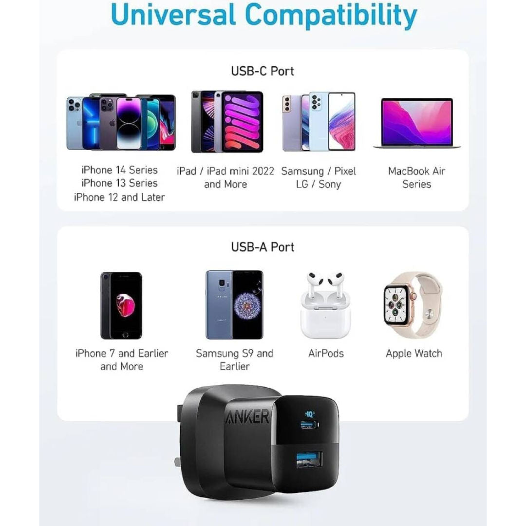 Anker 323 Dual-Port Fast Charger 33W with USB-C to USB-C Cable, PD & PowerIQ, Black