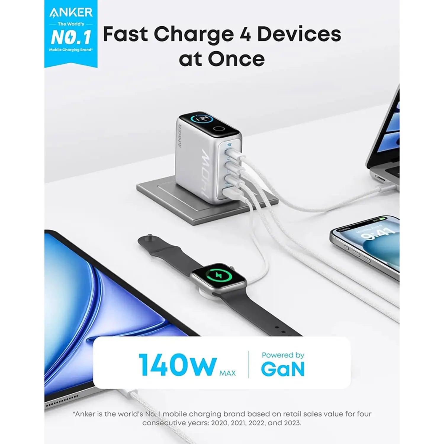 Anker 140W 4-Port GaN Charger with PD 3.1, Dual USB-C, Smart Display & USB-C Cable, Silver