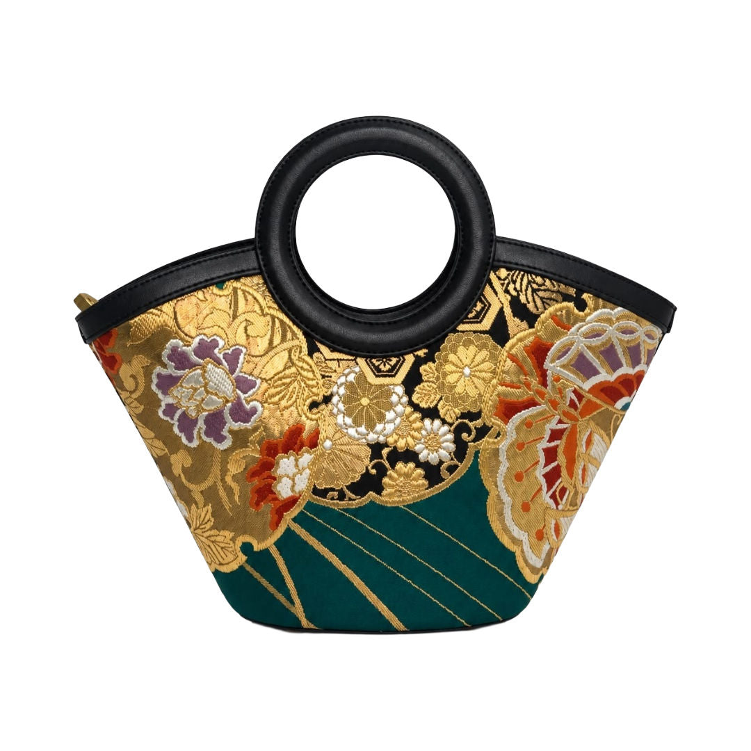 Jamila Designer Mulberry Silk Tote Bag, Flying Bird & Floral Design with Round Handles
