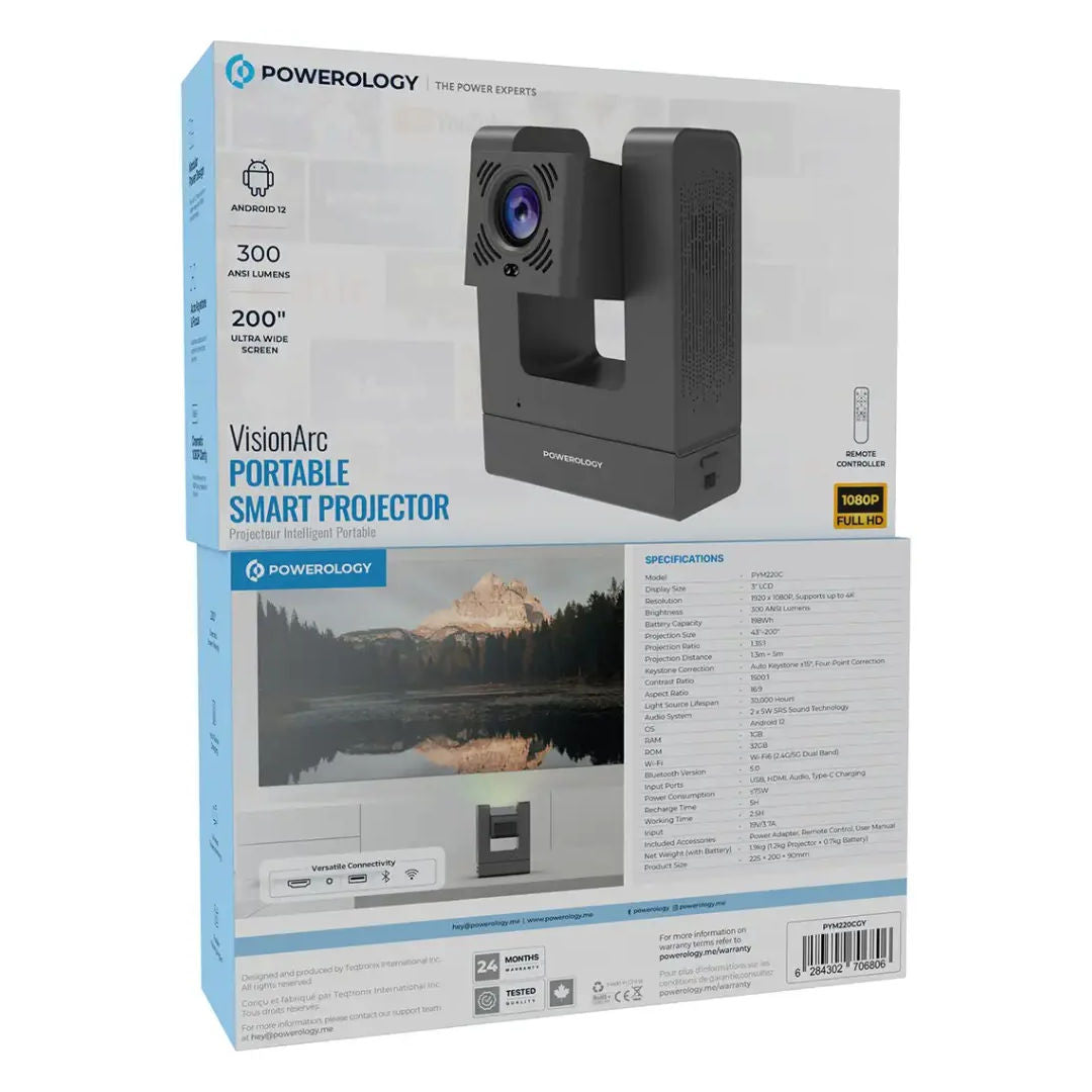 Powerology VisionArc Portable Smart Projector, Gray