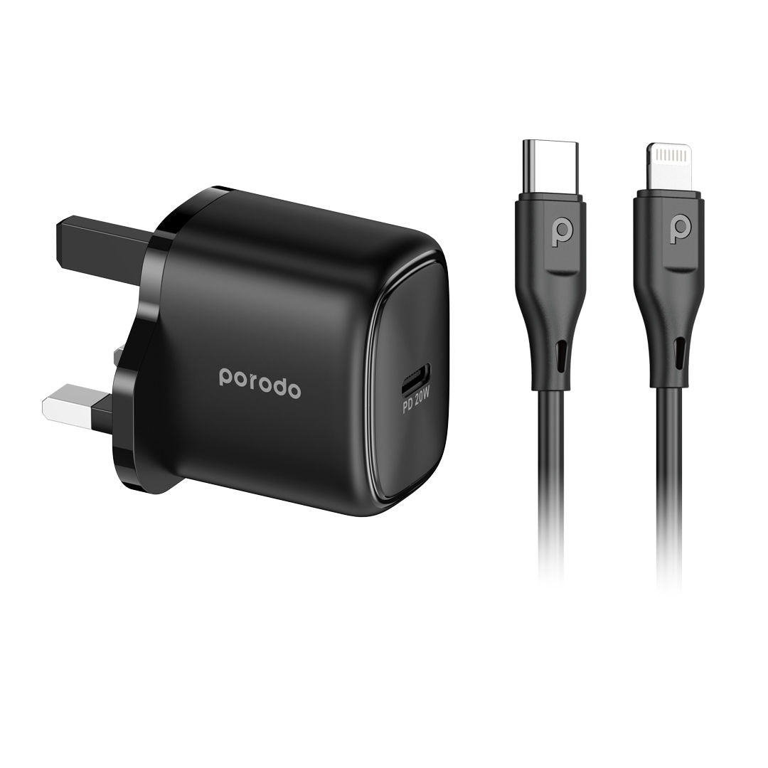 Porodo 20W Single USB C Charger UK With Type-C to Lightning Cable 1.2m, Black