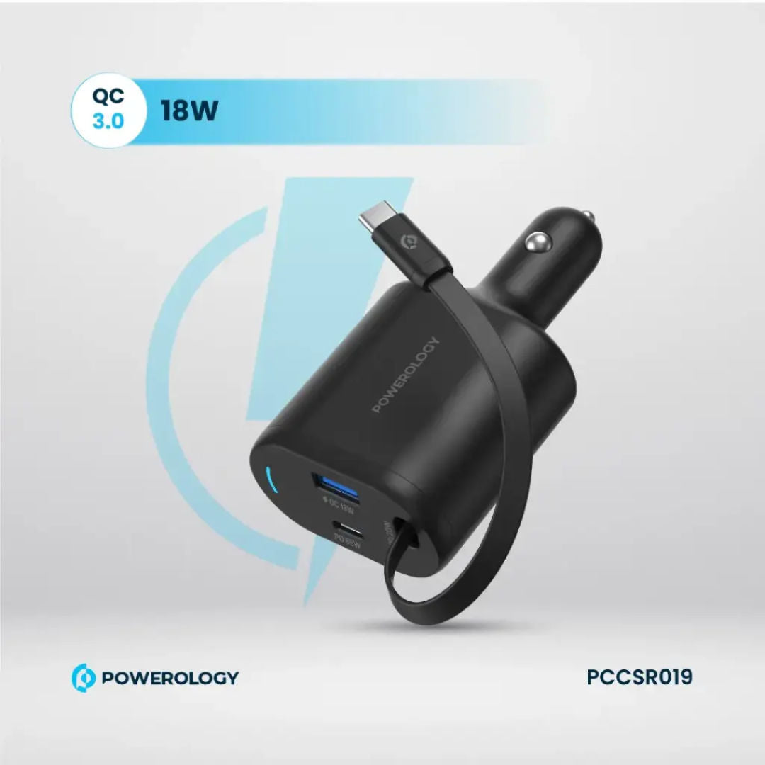 Powerology Type-C Retractable Car Charger 103W, Black