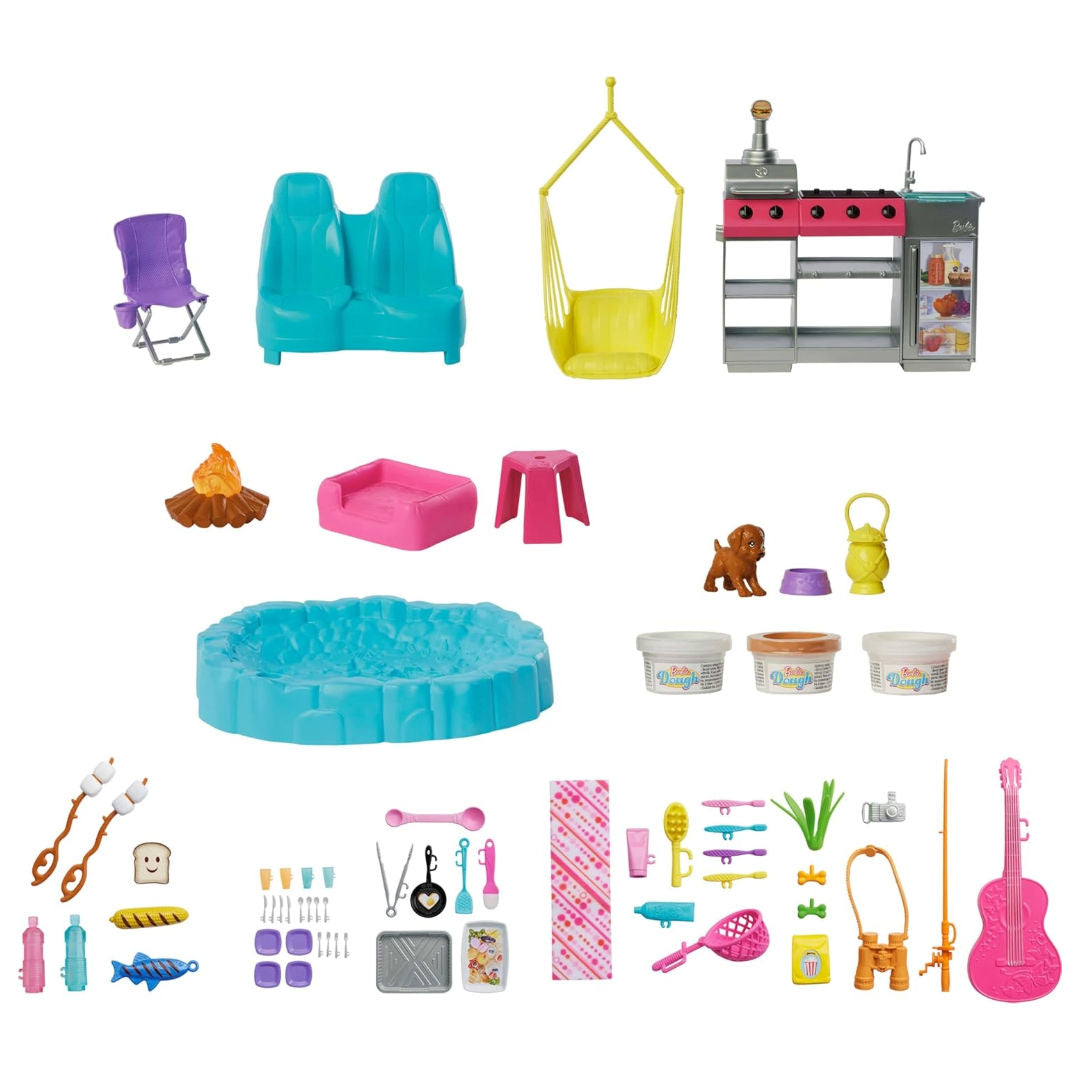 Barbie Dream Camper Playset, Roof Tent, Swing Chair, Fishing Pond, BBQ Grill with Color-Change & 60+ Accessories Model HRJ78