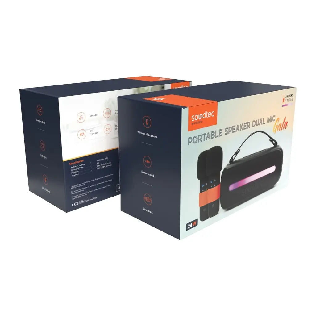 Porodo Soundtec 14W Bluetooth Speaker with Dual Wireless Microphones, RGB Lights, FM, USB Playback, Black