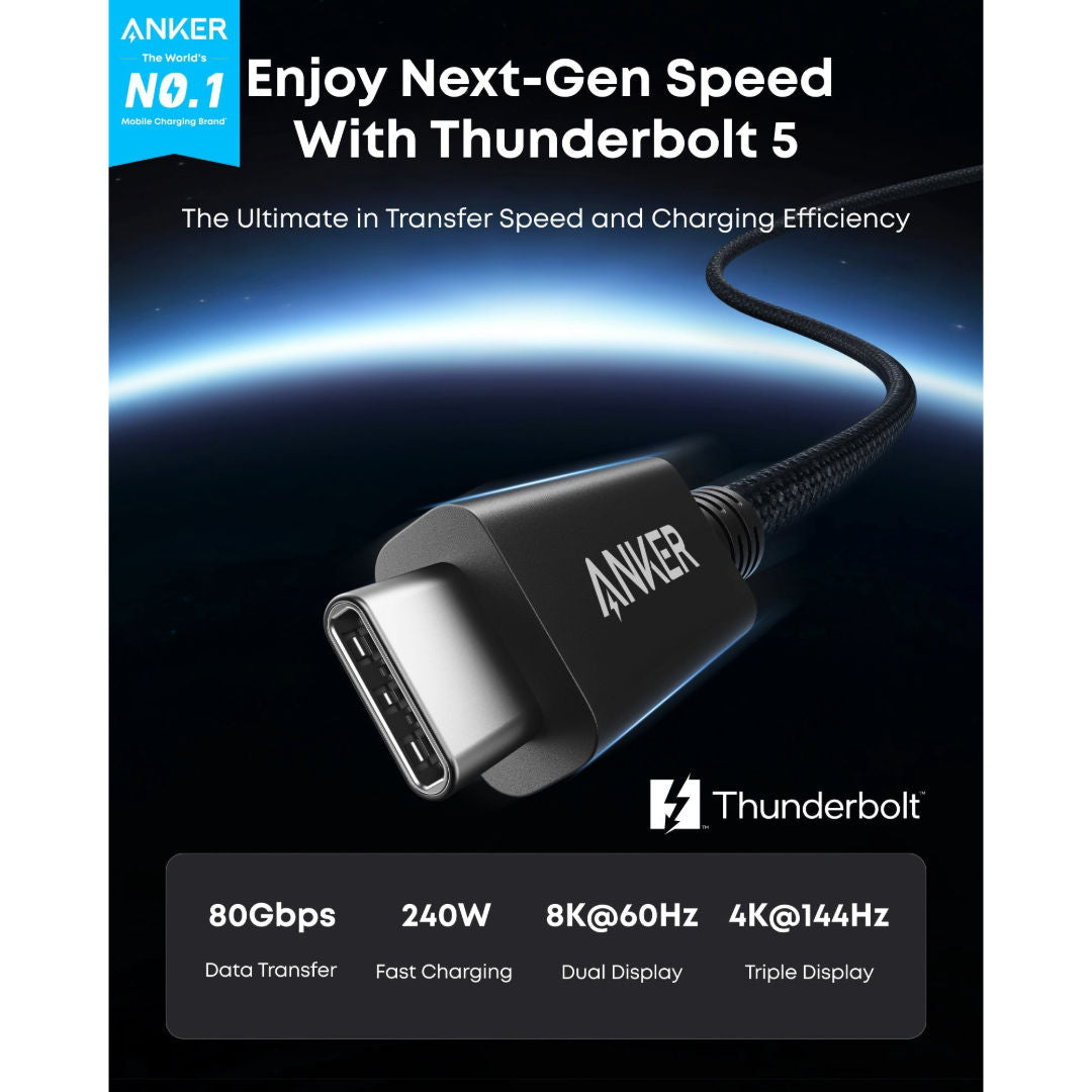 كابل Anker Prime Thunderbolt 5 USB-C لشحن الأجهزة المحمولة، 80 جيجابت في الثانية، 240 واط