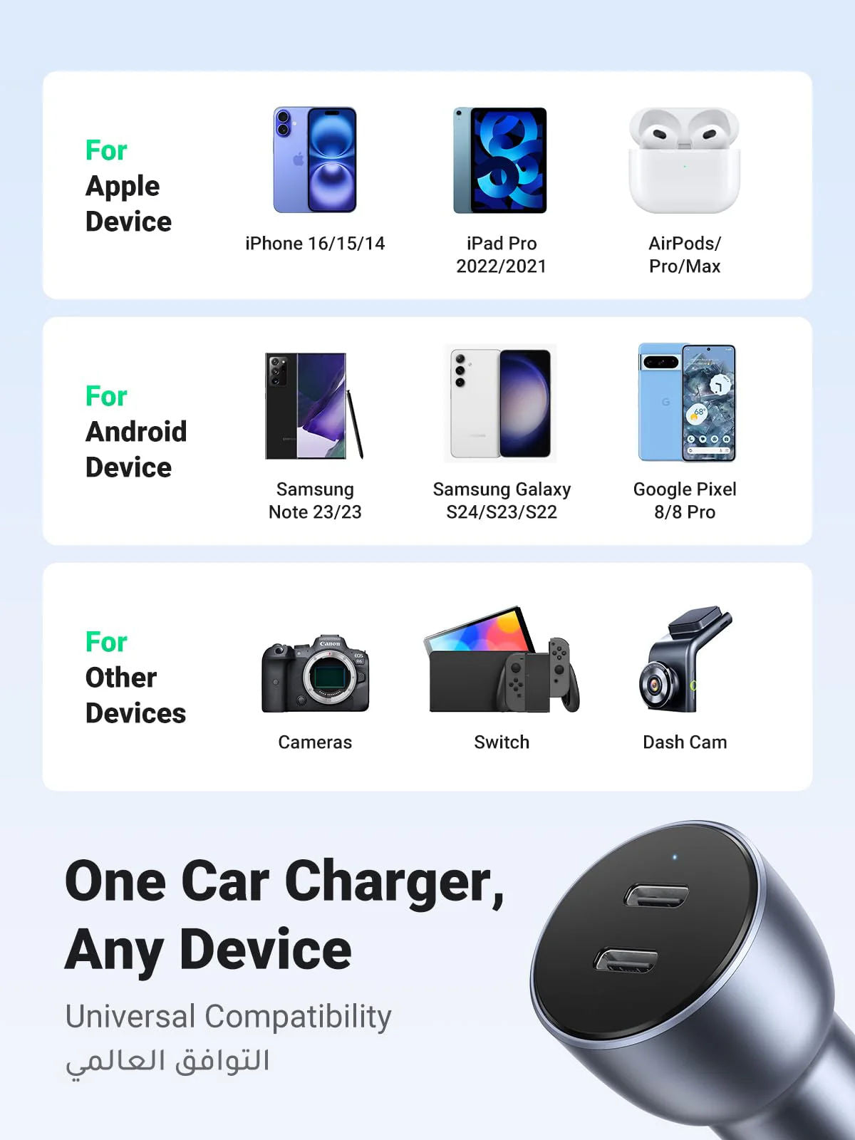 شاحن سيارة سريع مزدوج USB-C من UGREEN طراز CD213 بقدرة 50 واط