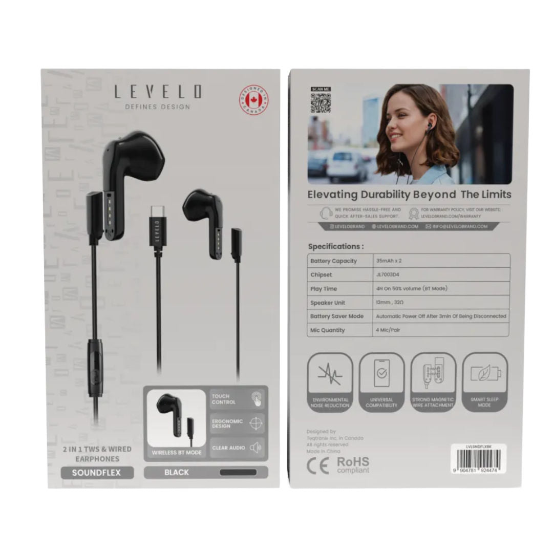 Levelo 2 in 1 TWS Wired Earphones Soundflex, Black