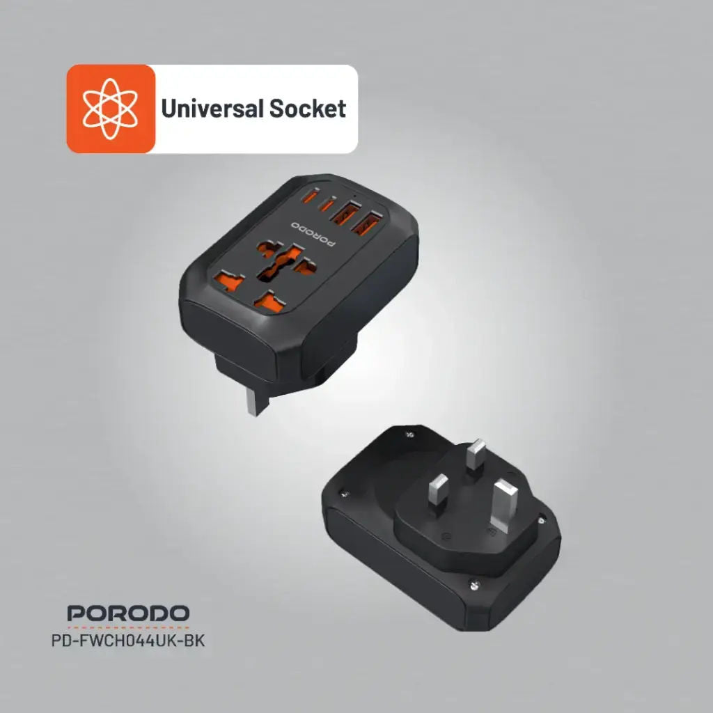 Porodo Universal AC Adapter Multi-Device Charging, 20W USB-C, 2500W Universal Socket, Black