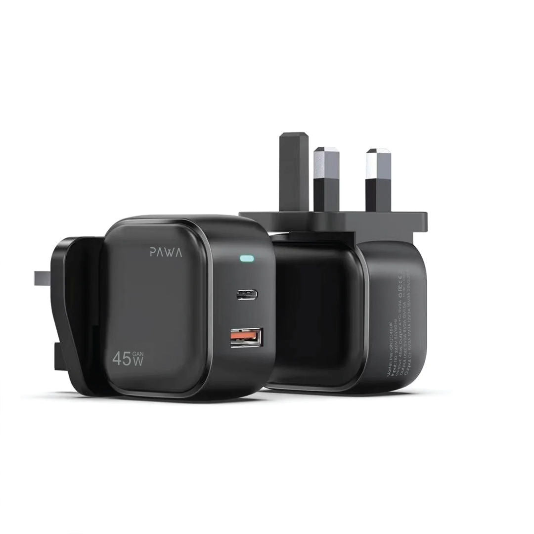 Pawa Quick Gan 45W PD+QC Adapter With USB Type-C To USB Type-C Cable, Black