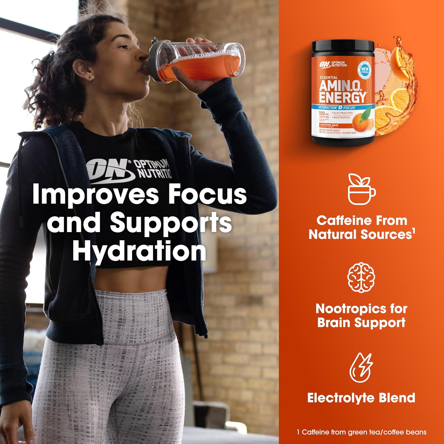 Optimum Nutrition Amino Energy Powder Plus Hydration, with BCAA, Electrolytes, and Caffeine, Tangerine Wave, 30 Servings