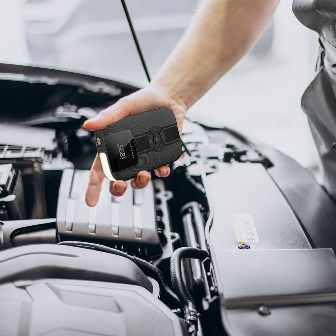 Powerology 11200mAh Jump Starter with Air Compressor, Power Bank & LED Light, 1200A Peak, USB-C Fast Charging