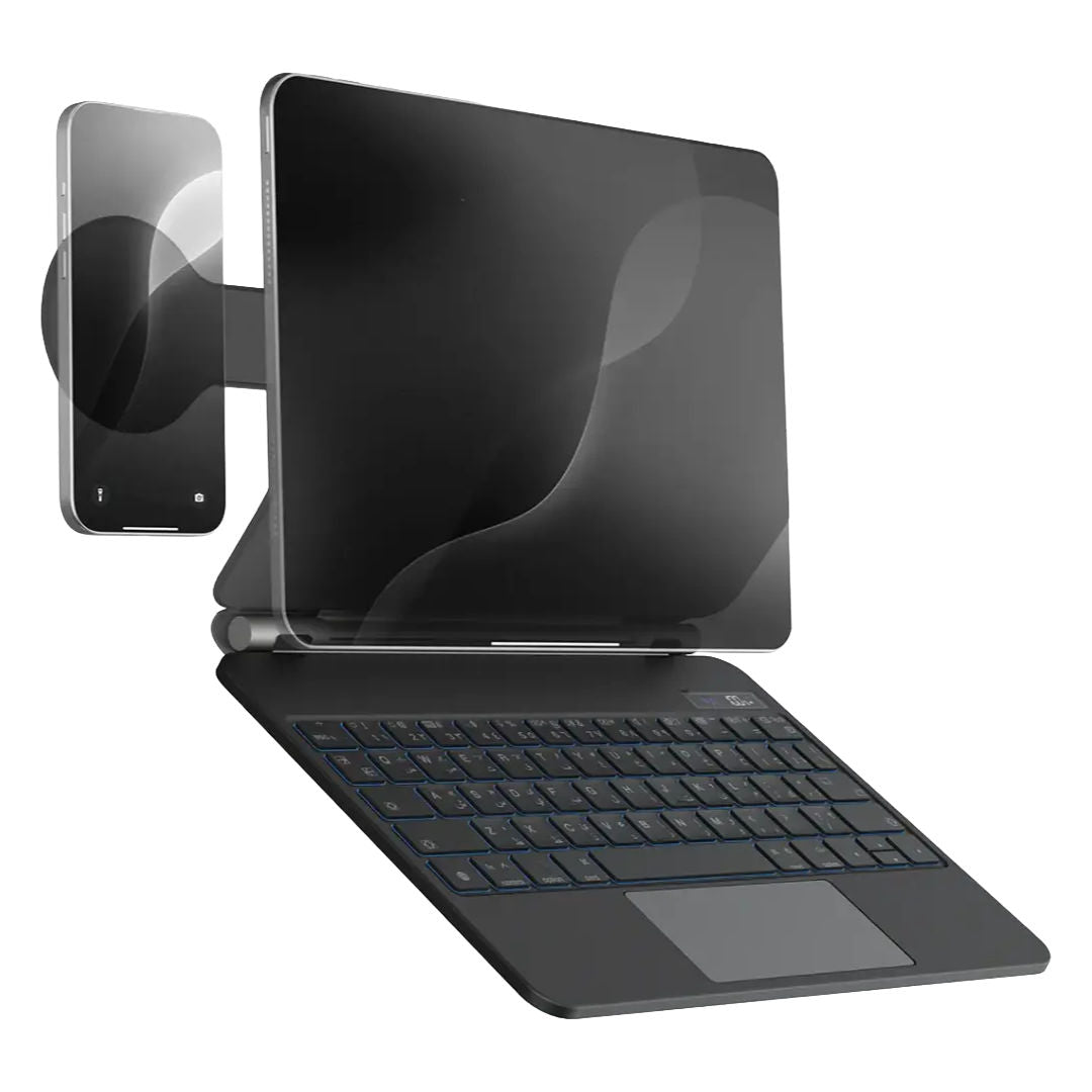 Powerology DynaBoard Wireless Keyboard Case With MagSafe Phone Holder For iPad 11", M4, Black