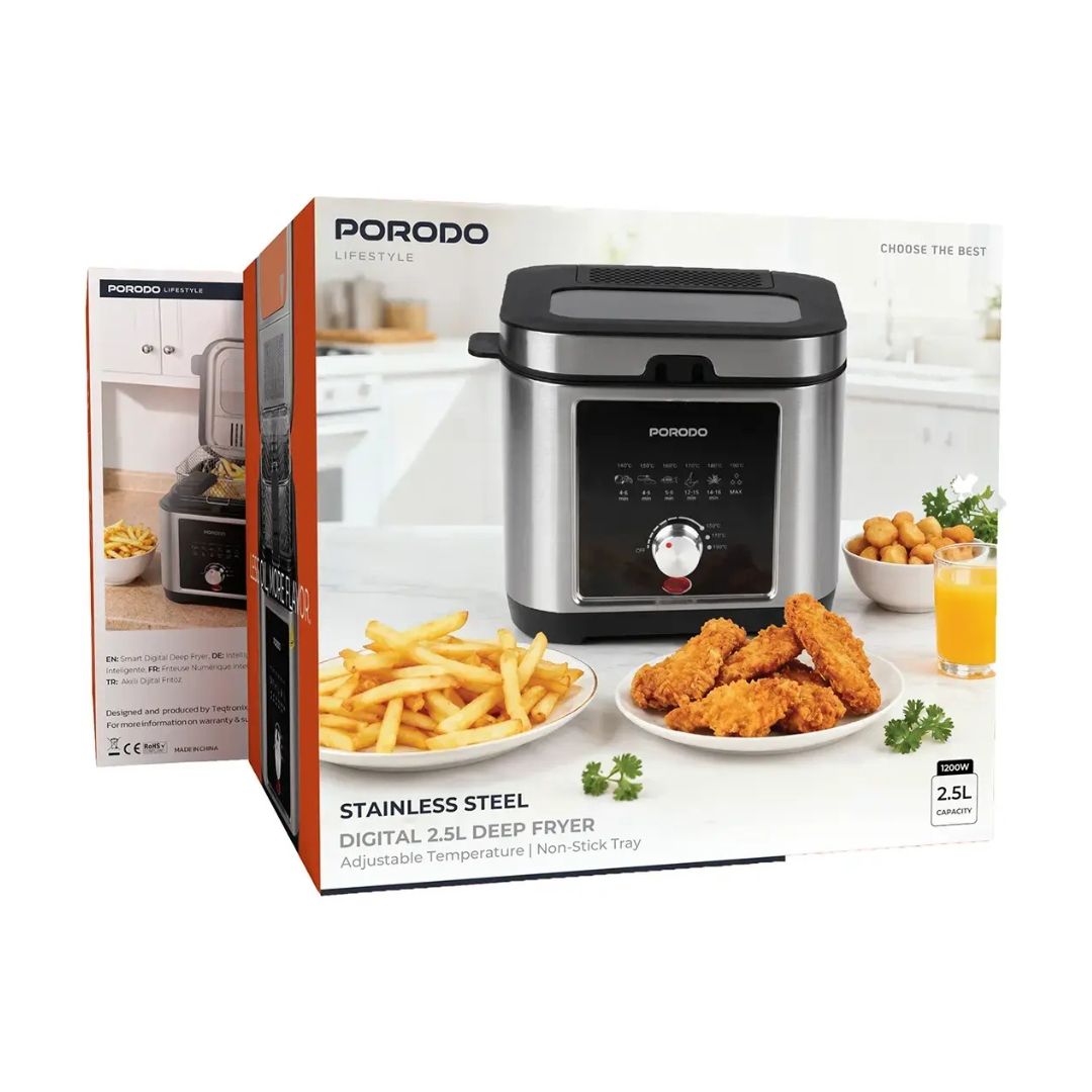 Porodo Lifestyle Stainless Steel 2.5L Deep Fryer with Adjustable Temperature & Non-Stick Tray, Silver