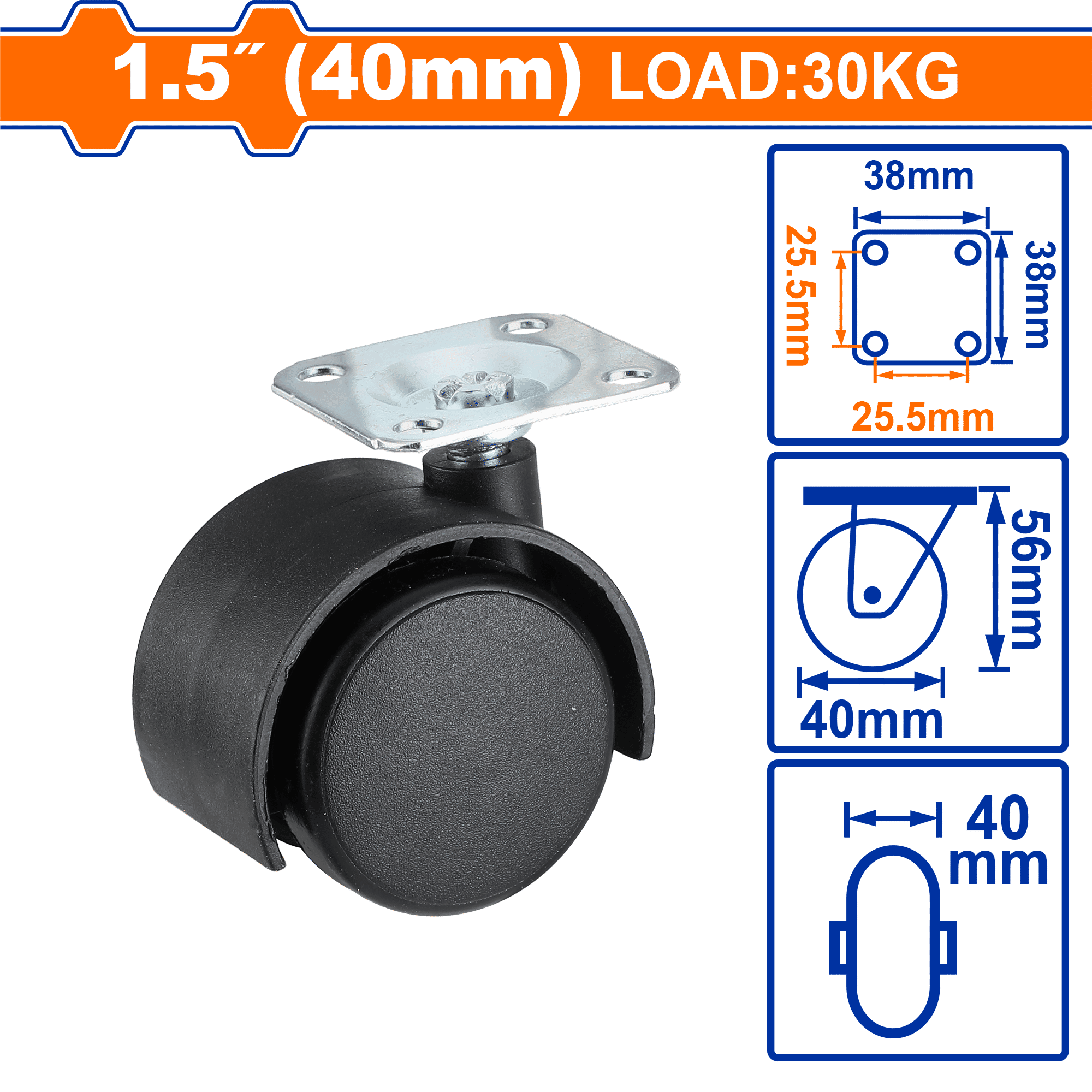 عجلات نايلون WADFOW، مادة PA شديدة التحمل، خيارات تركيب متعددة، مع/بدون فرامل