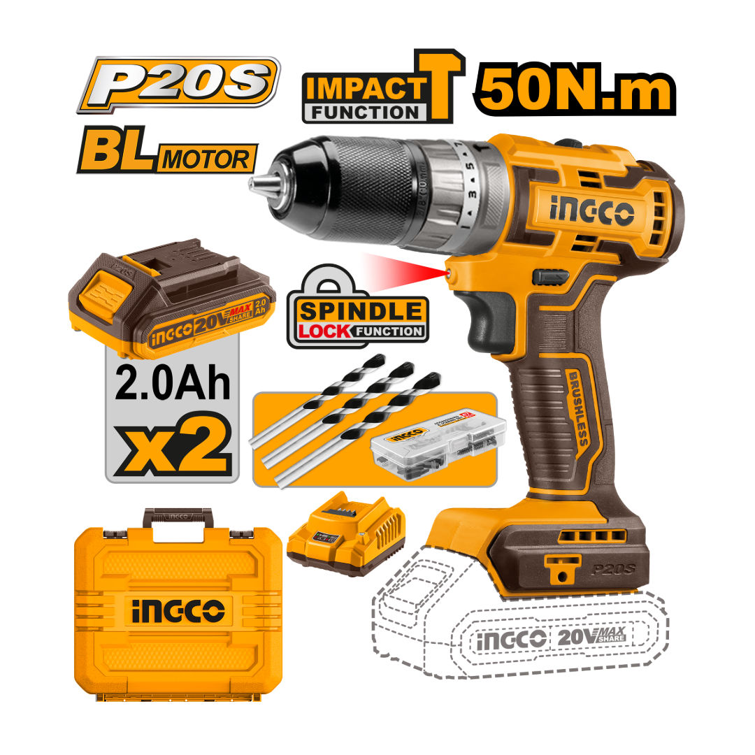 مجموعة مثقاب لاسلكي بدون فرشات من INGCO، 20 فولت