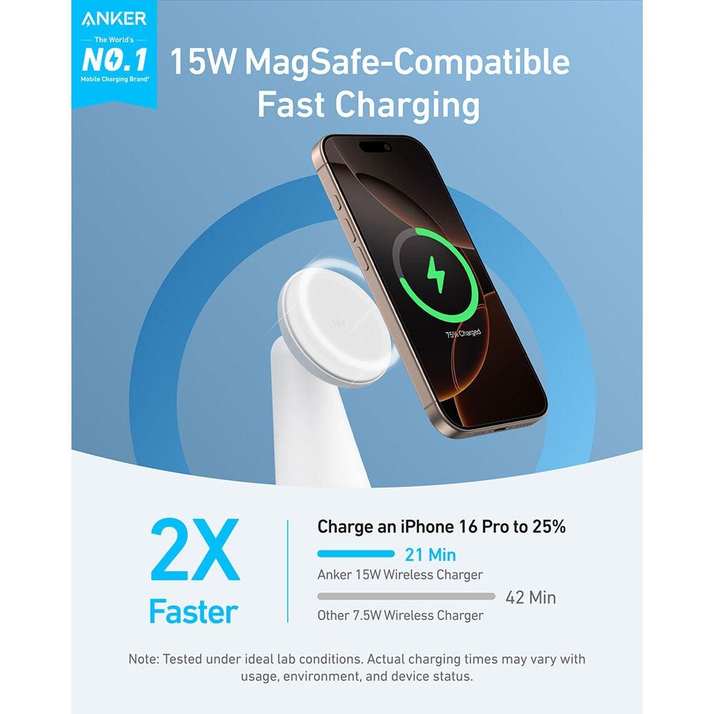 Anker MagGo 2-in-1 Qi2 Wireless Charger Stand, 15W Magnetic Fast Charging Dock for iPhone & AirPods