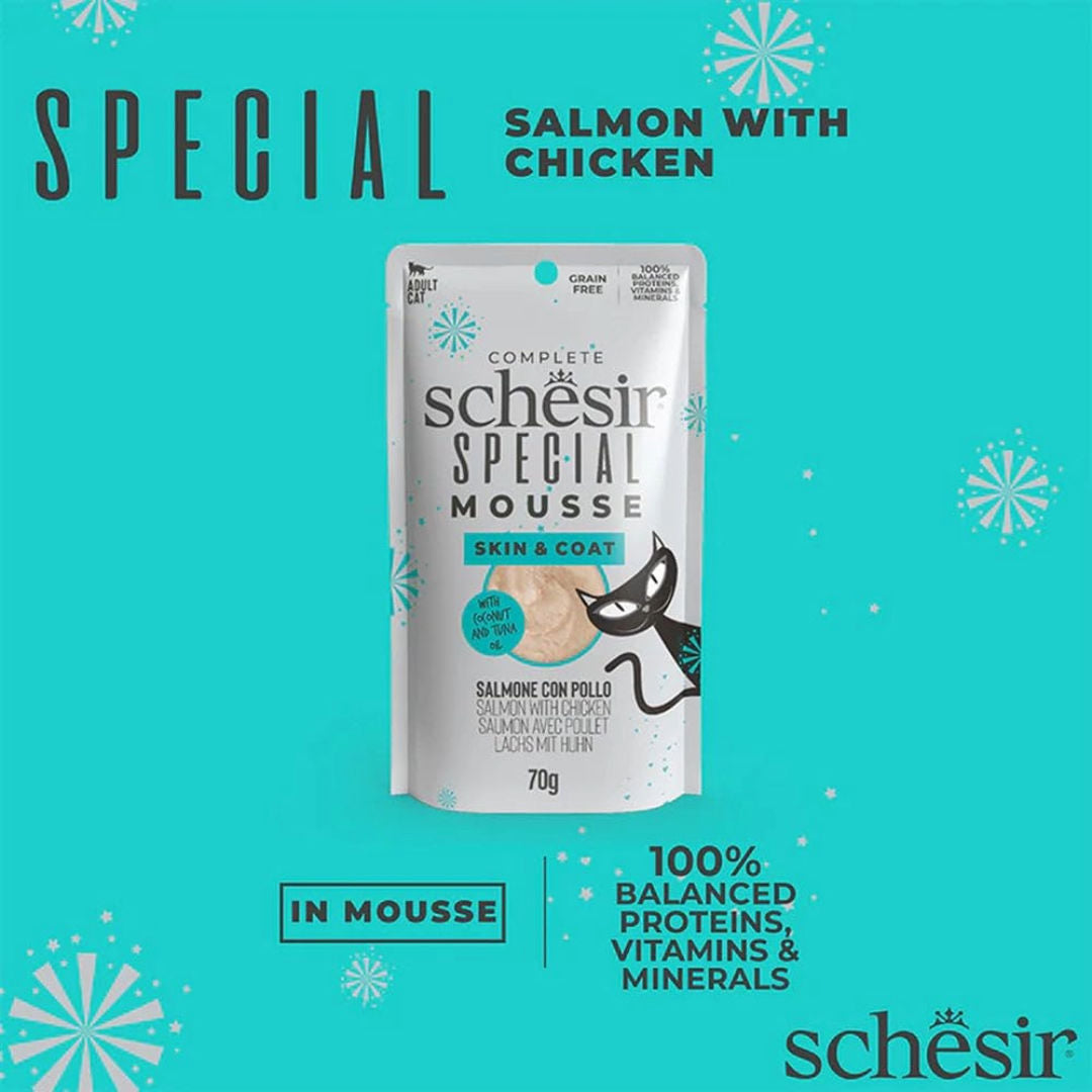 Schesir Special Mousse Skin & Coat Salmon with Chicken Adult Cat Wet Food, 70gm