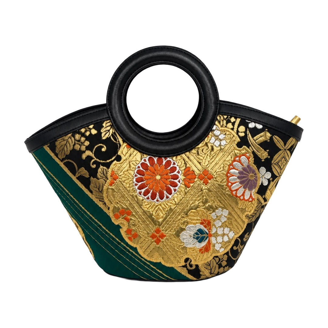 Jamila Designer Mulberry Silk Bird Design Tote Bag, Floral Pattern with Round Handles