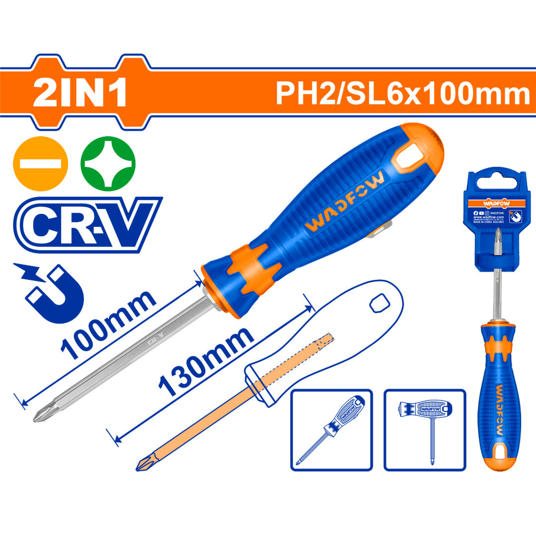 WADFOW 2-in-1 T-Handle Screwdriver, PH2 & SL6.5, Cr-V Steel, 6.35 mm Hex Shank, Dual Length Options, 130 mm / 180 mm