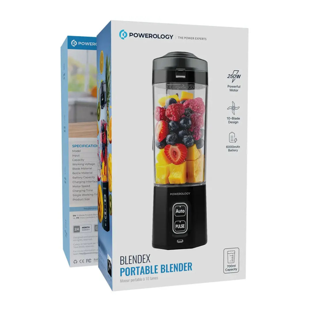 Powerology Blendex Portable Blender 700mL 250W, 10-Blade High-Speed Rechargeable Juicer, Black