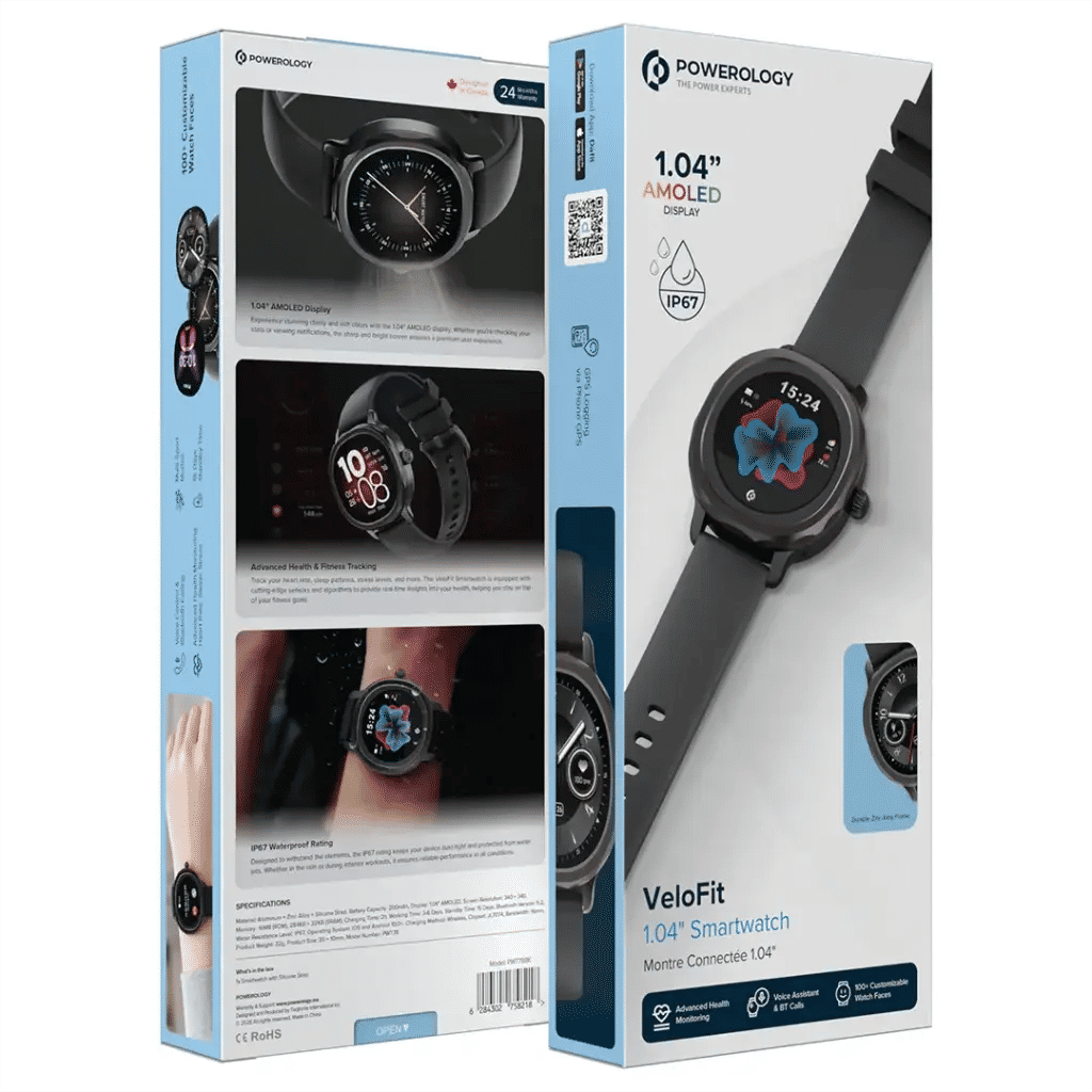 Powerology VeloFit Smartwatch with Dual Straps, 1.04", Black