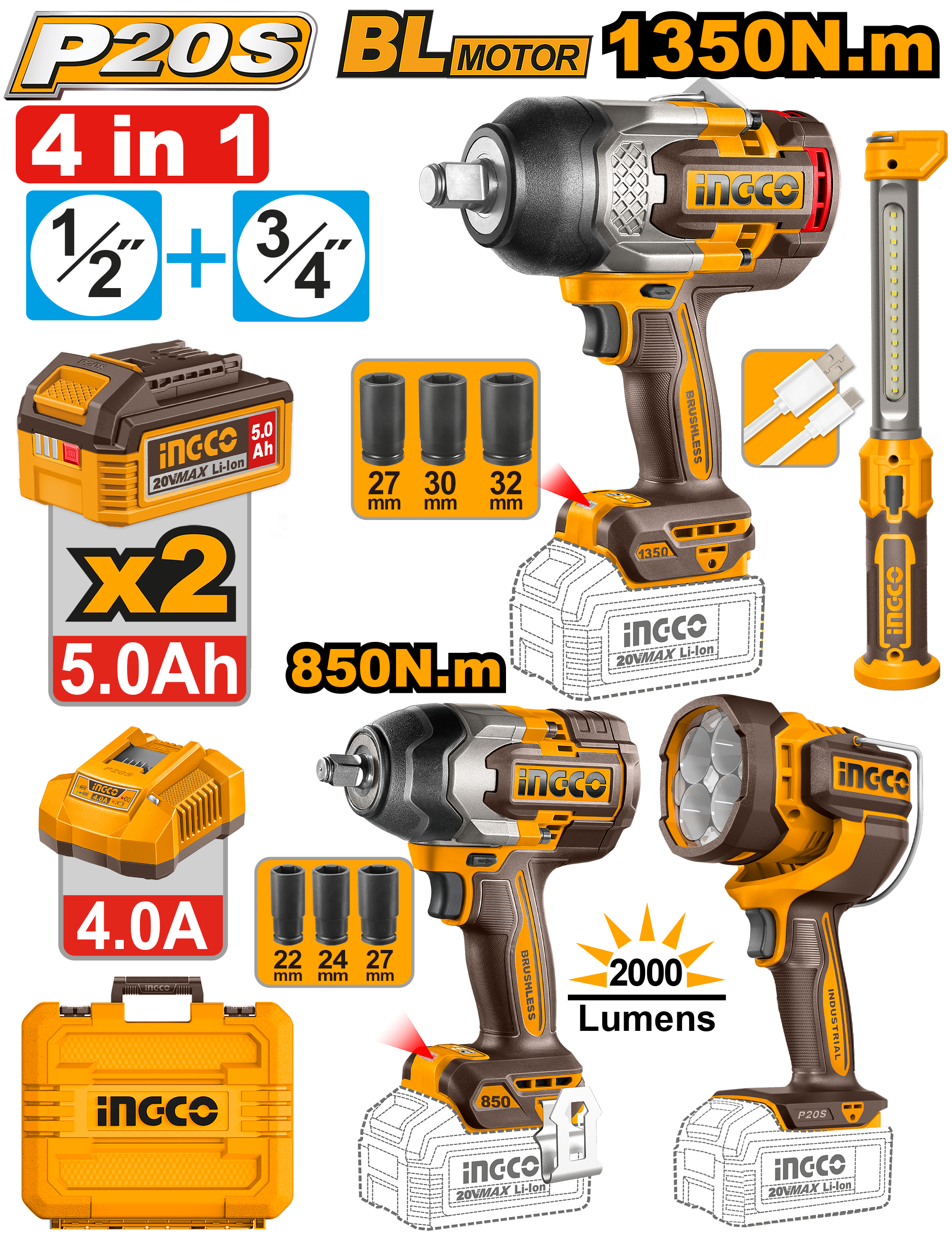 INGCO Cordless Impact Wrench Combo Set with Work Lights 20V Kit