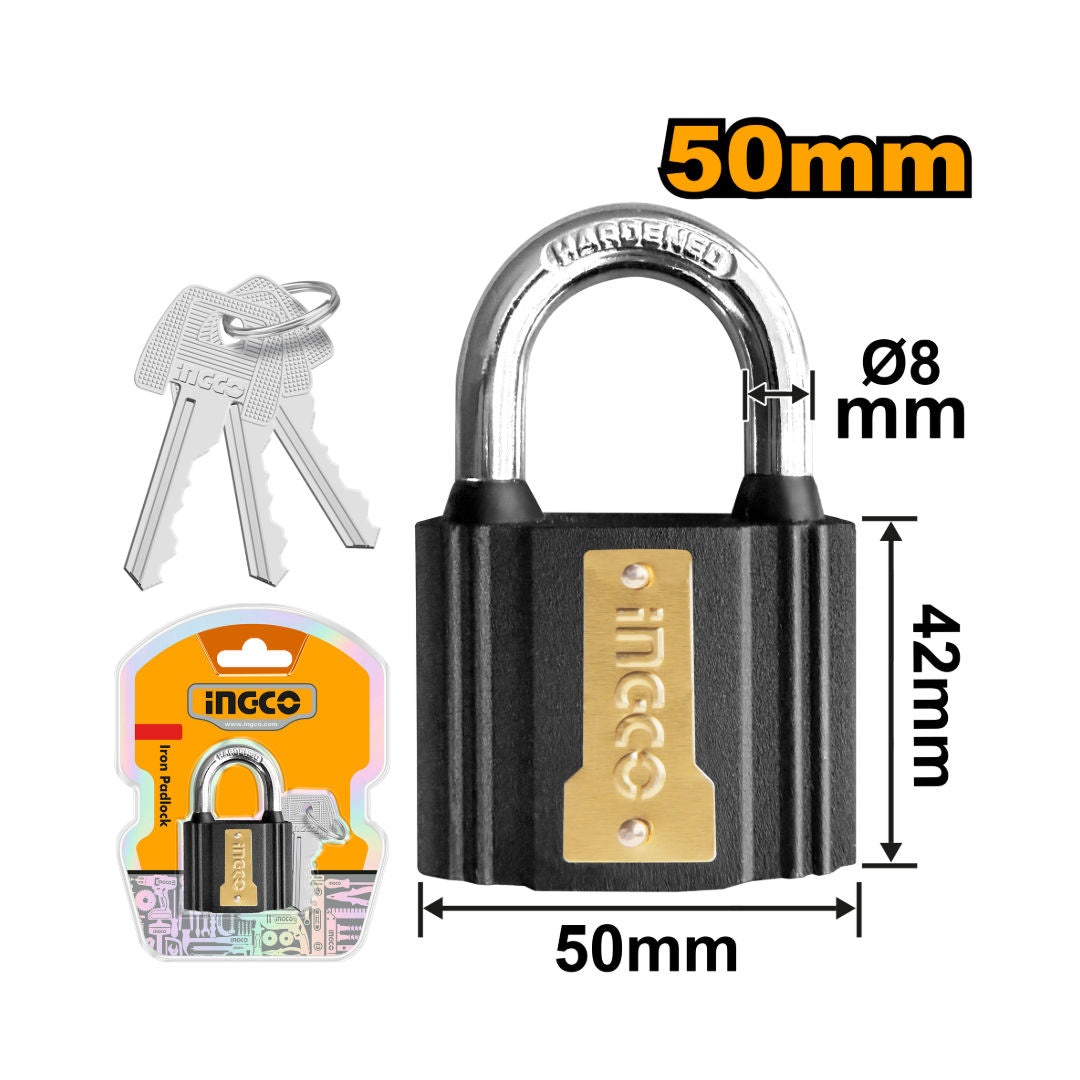 INGCO Iron Padlock, Brass Cylinder, 3 Keys, Waterproof Rubber Cover