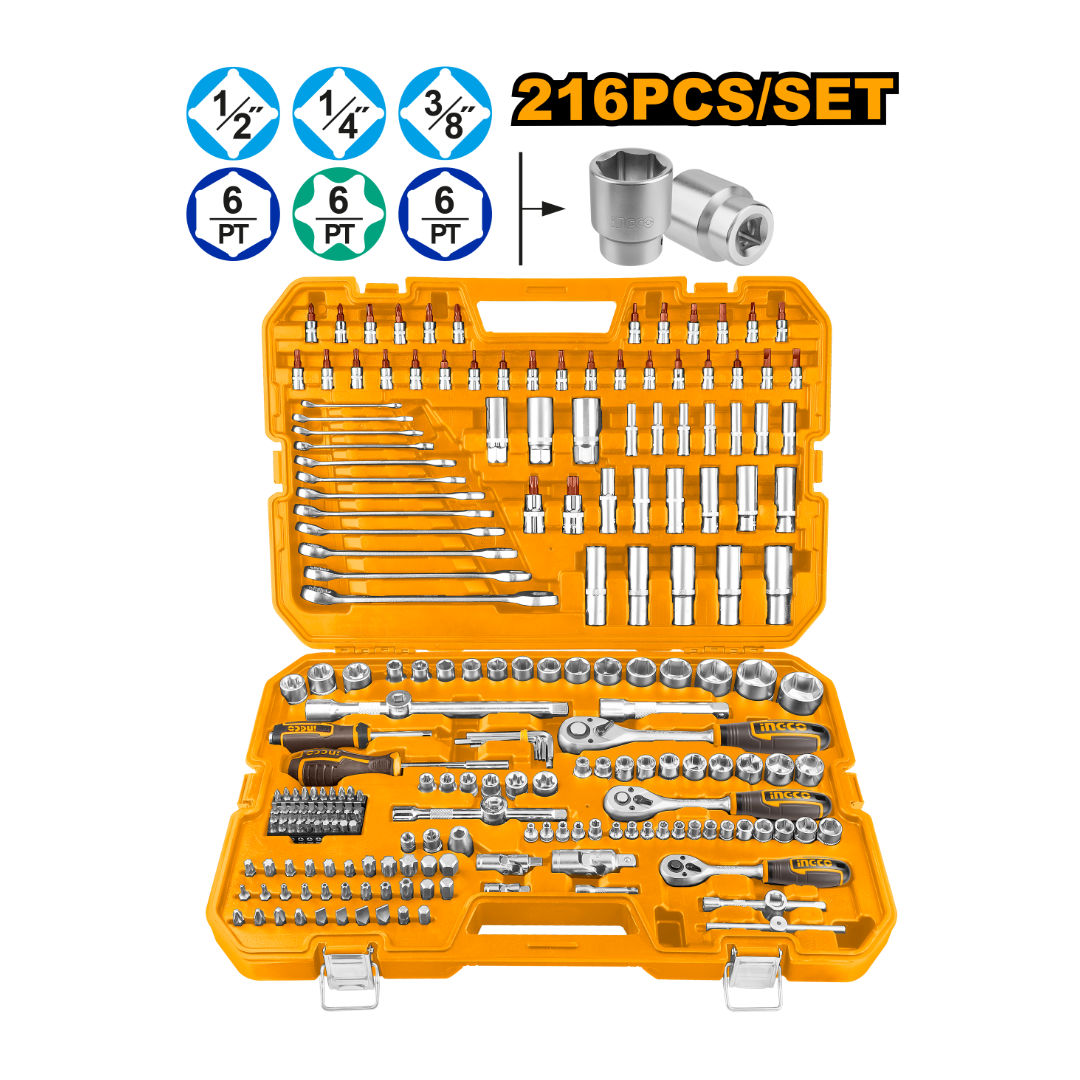 INGCO 216-Piece Combination Tool Set, 1/4″, 3/8″ & 1/2″ Drive Sockets, Bits & Spanners with Carry Case