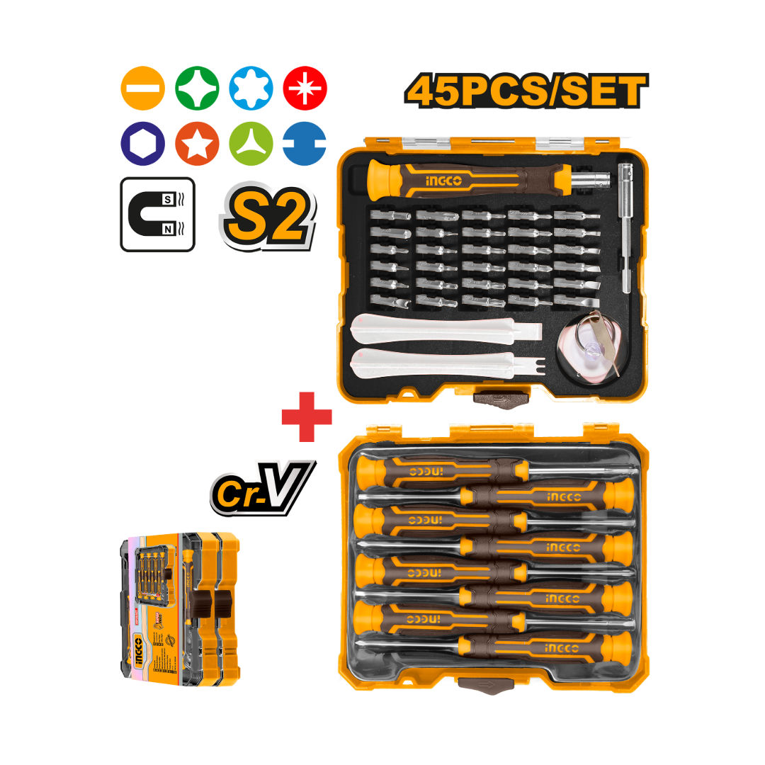INGCO 45-Pcs Precision Screwdriver & Bits Set,  8 Precision Drivers + 37-Pc S2 Set Handle, 4X60 Mm Holder, Tools, 30 Bits