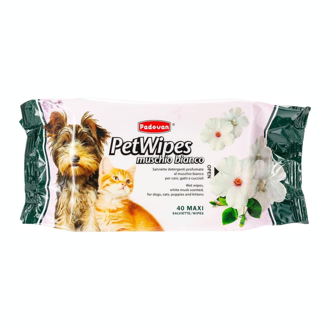 Padovan Petwipes White Musk, Dog and Cat Wipes, 40-Pieces