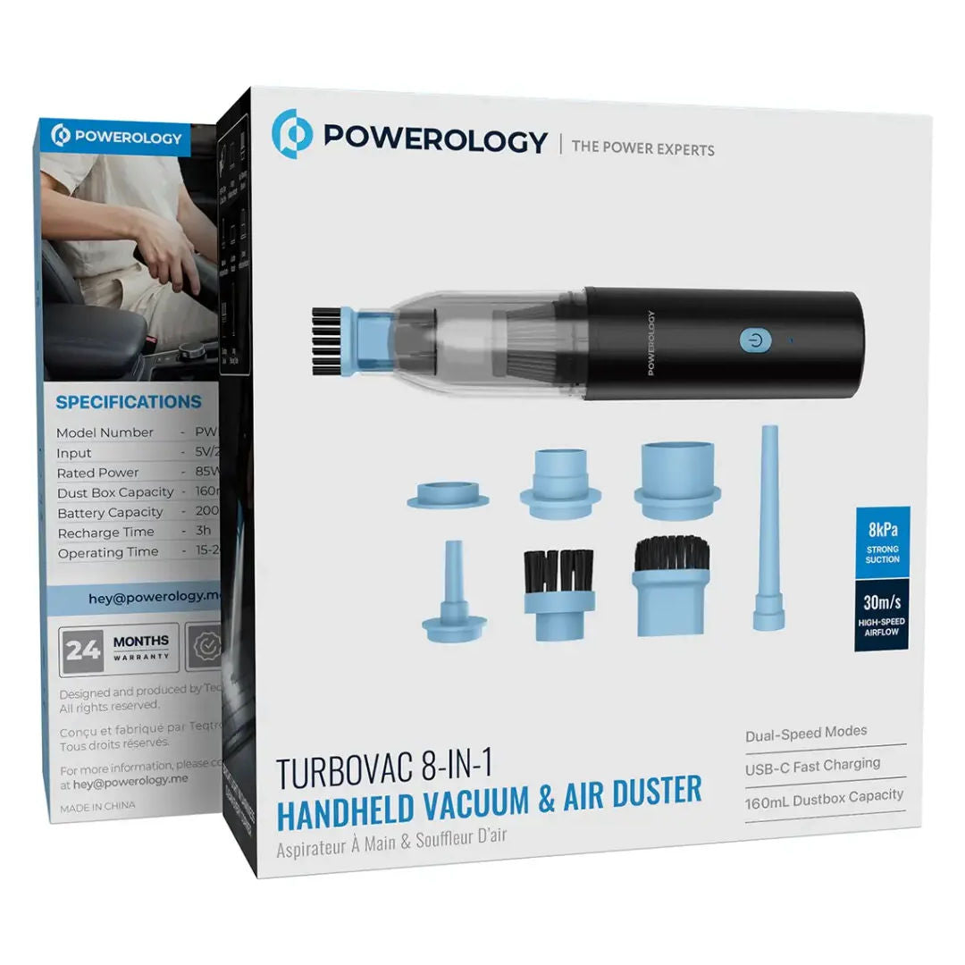 Powerology Turbovac 8-In-1 Handheld Vacuum & Air Duster, Black