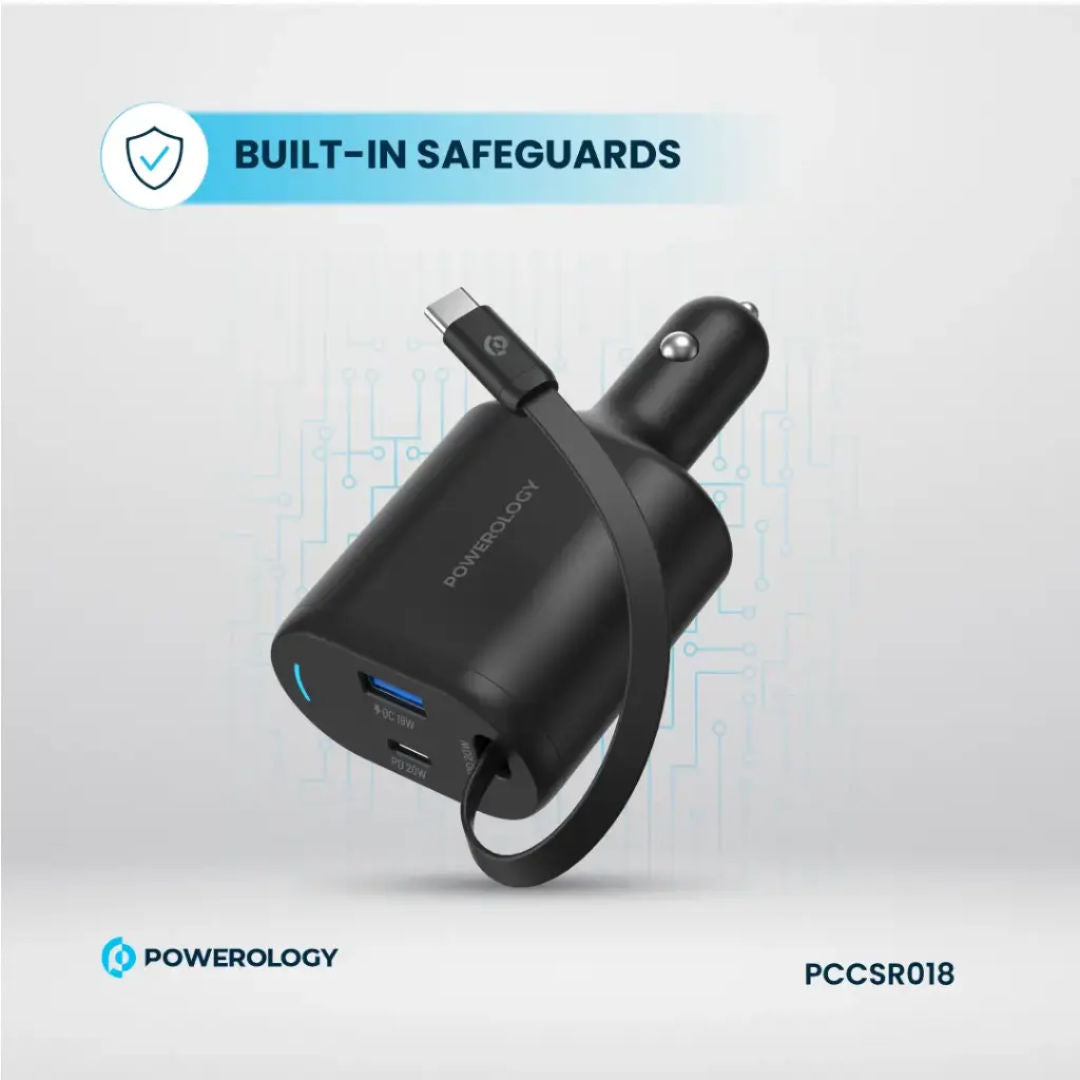 Powerology Type-C Retractable Car Charger 70W, Black