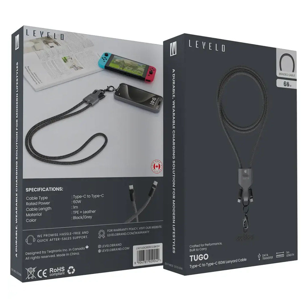Levelo Tugo Type C to Type C 60W Lanyard Cable, Gray