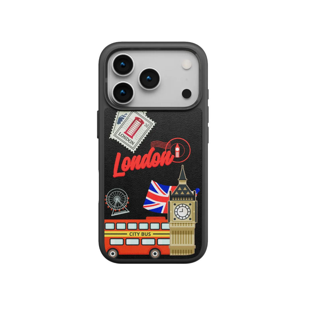 Levelo Vallo PU Leather Case for iPhone 17 Pro/Pro Max With London Embroidery Design