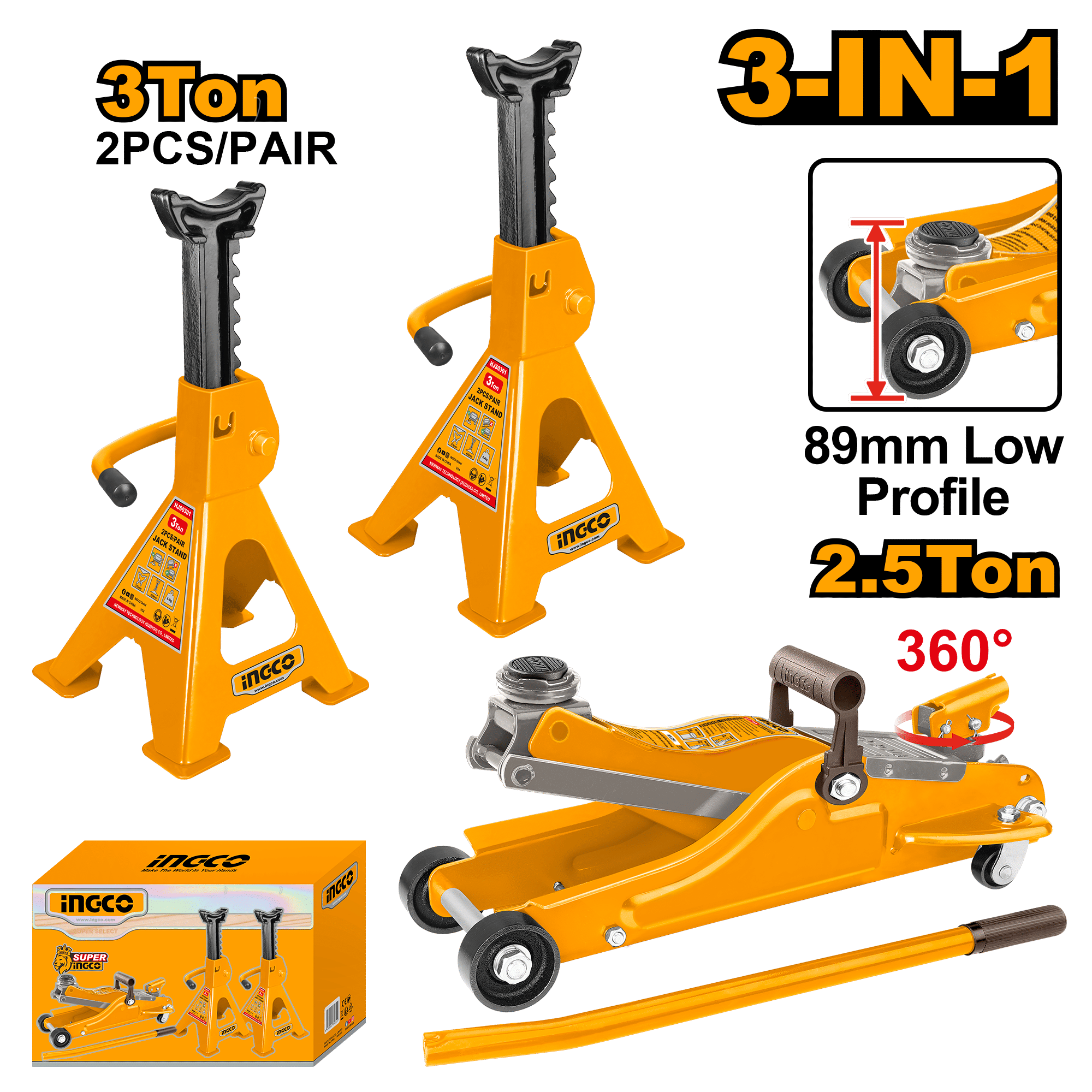 INGCO 2.5 Ton Floor Jack with Jack Stands Combo Set
